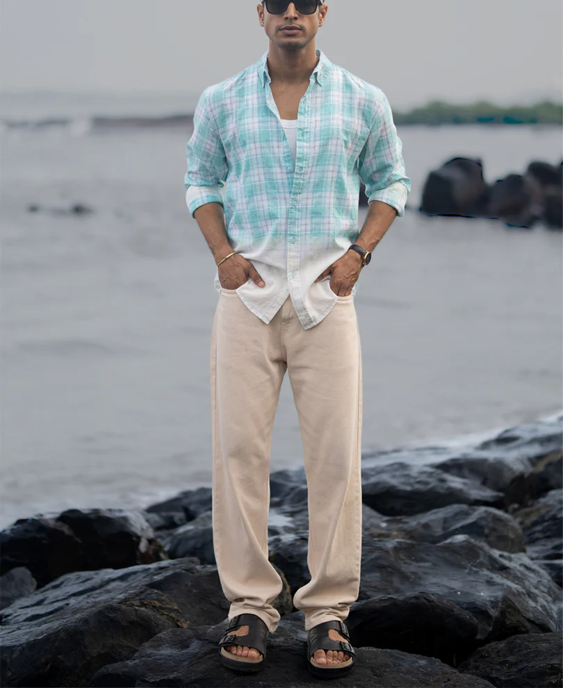 Aqua Blue Light Weight Ombre Checks Shirt - Image 7