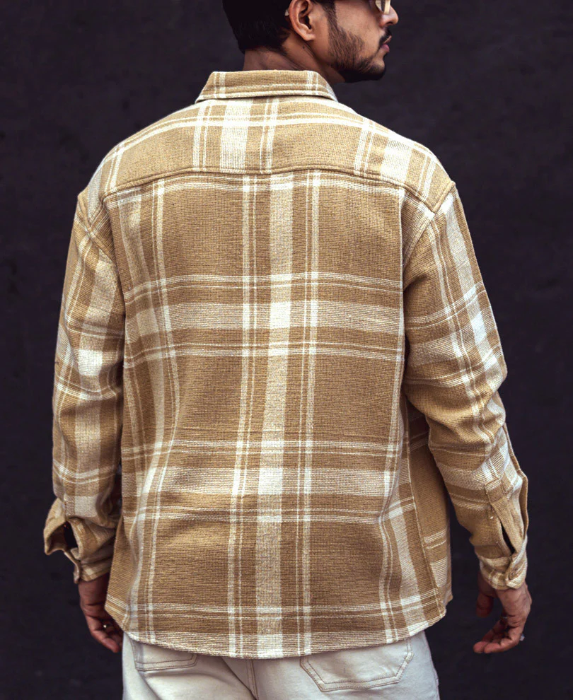 Beige and White Checks Oversize Drop Shoulder Shirt - Image 5