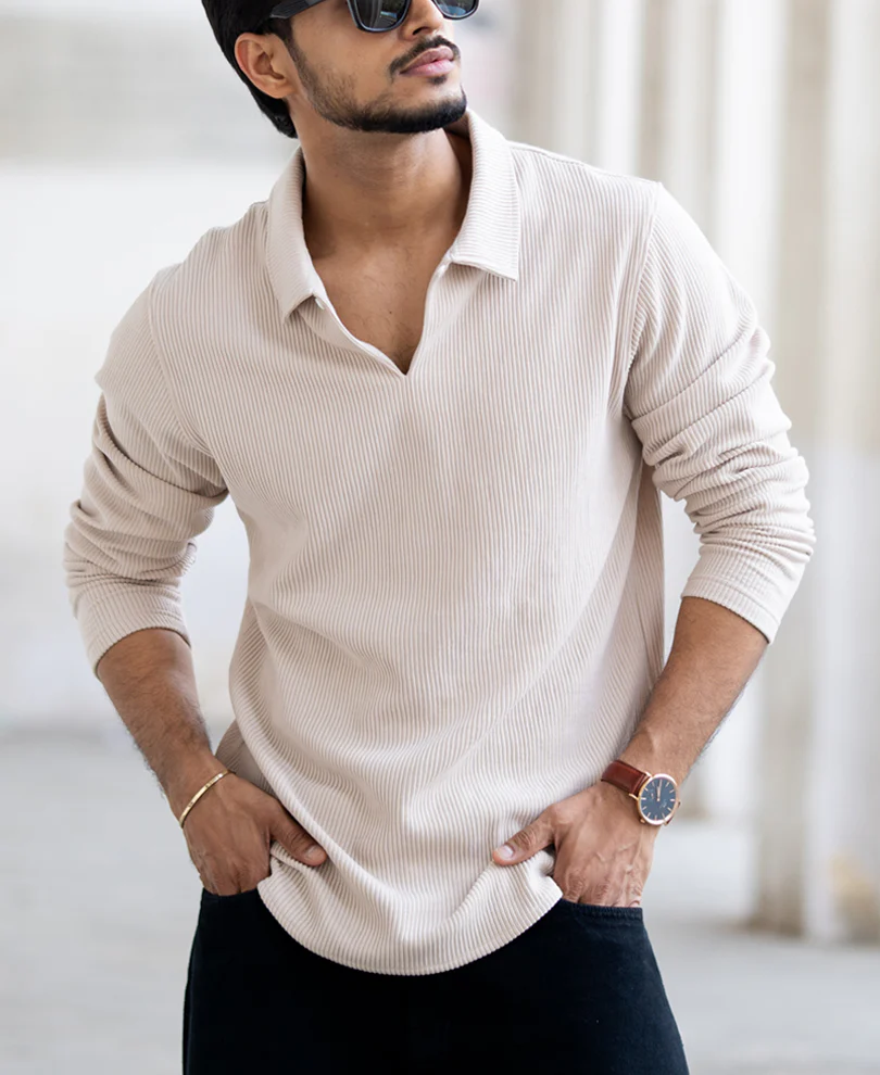 Beige Corduroy Regular Fit Full Sleeves T-Shirt - Image 4