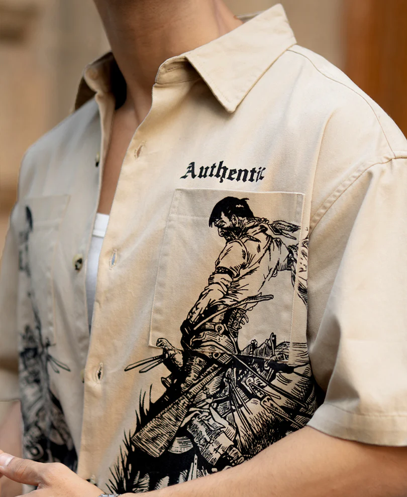 Beige Cowboy Print Boxy Shirt - Image 5