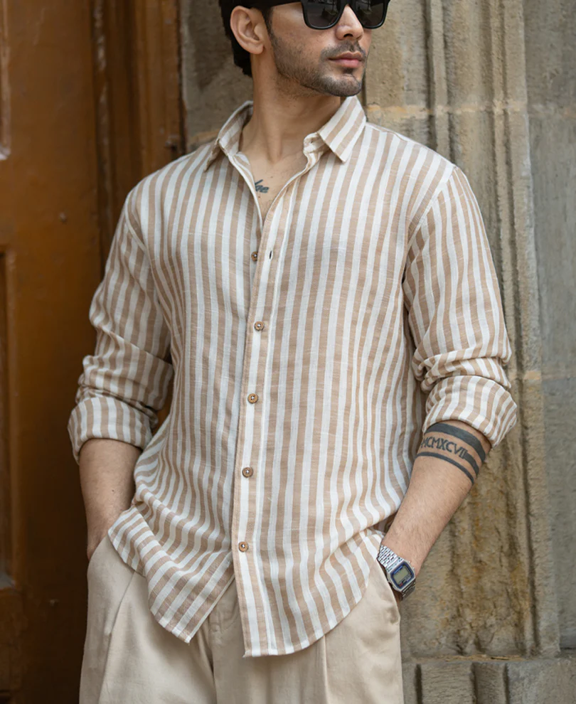 Beige Lightweight Slub Stripe Shirt - Image 2