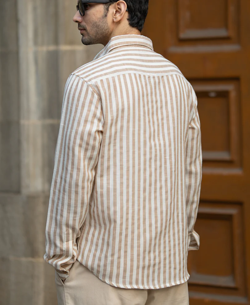 Beige Lightweight Slub Stripe Shirt - Image 6