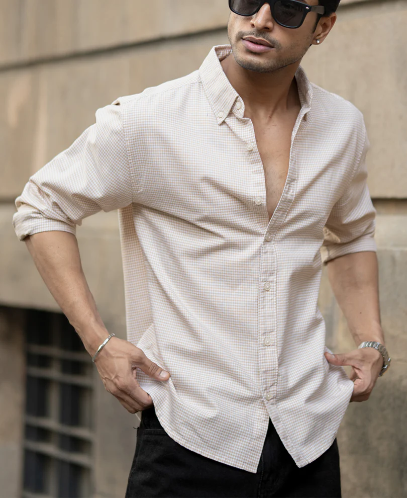 Beige Microchecks Oxford Shirt - Image 3