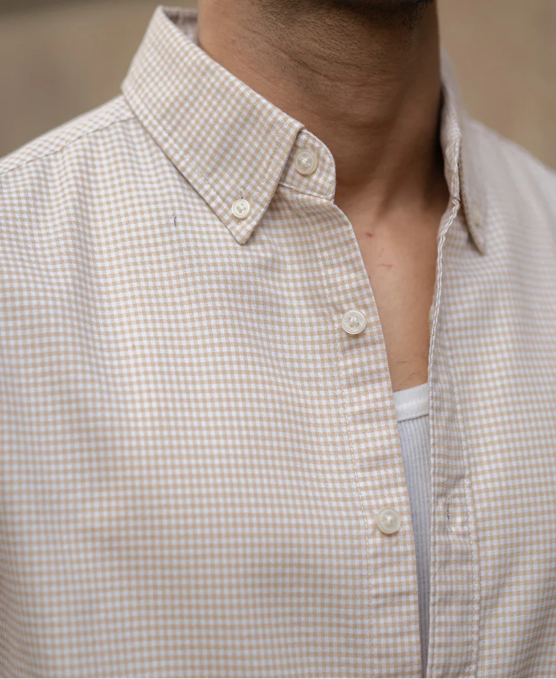 Beige Microchecks Oxford Shirt - Image 6