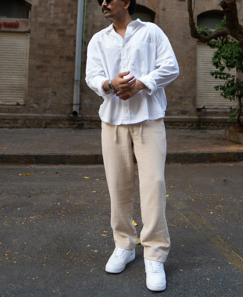 Beige Regular Fit Crinkled Trousers - Image 6