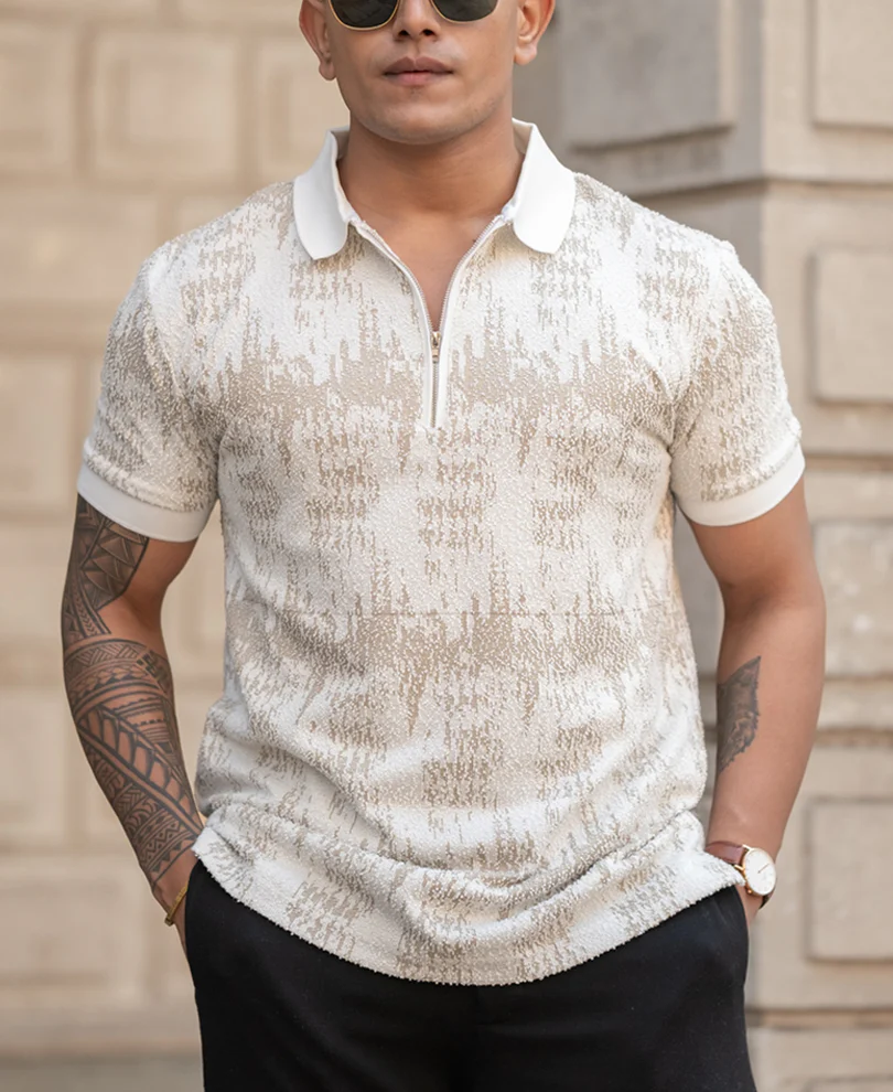 Beige Regular Fit Quarter Zip Polo T-Shirt - Image 3