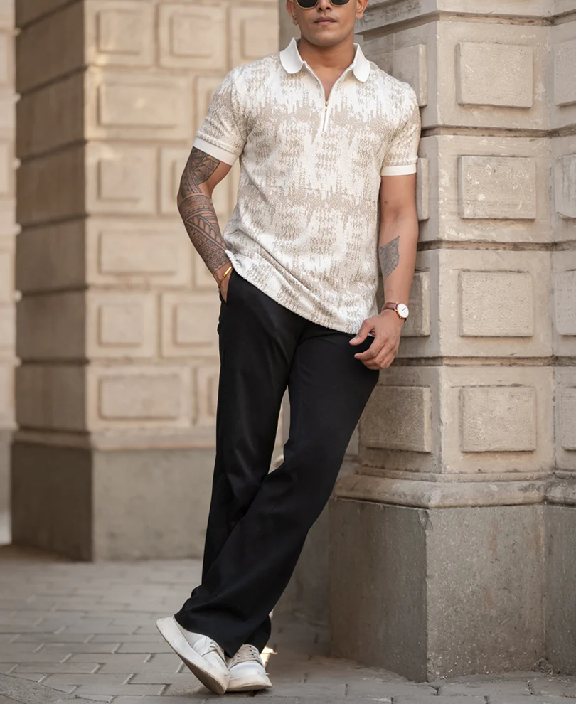Beige Regular Fit Quarter Zip Polo T-Shirt - Image 6