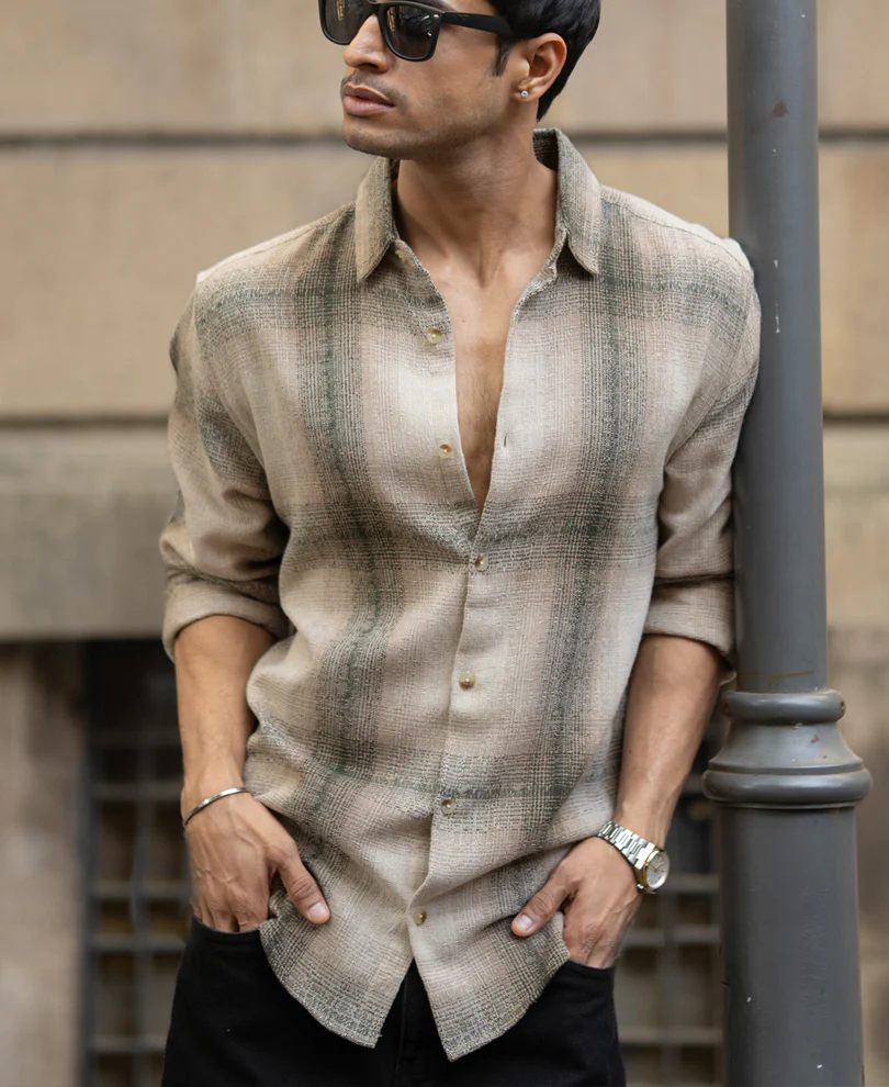 Beige Structured Checked Shirt - Image 2