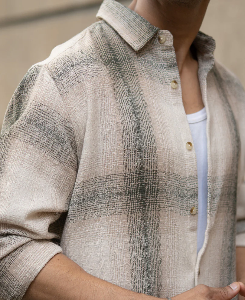 Beige Structured Checked Shirt - Image 5