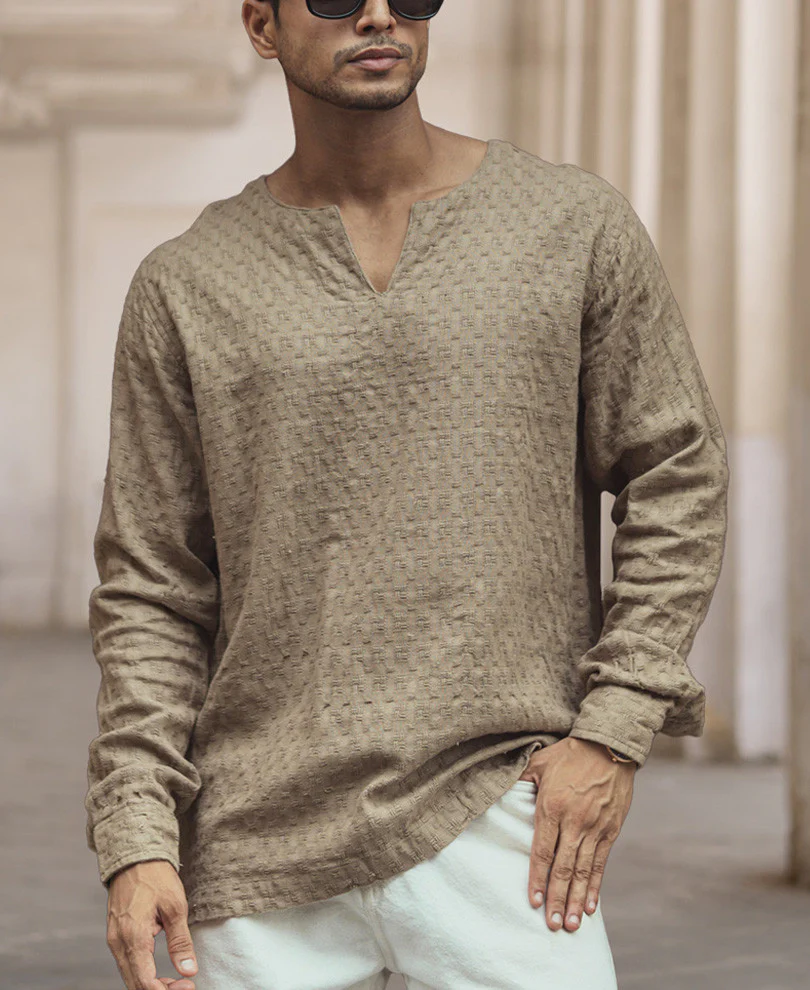Beige Structured Regular Fit Full Sleeve Kurta Style Shirt
