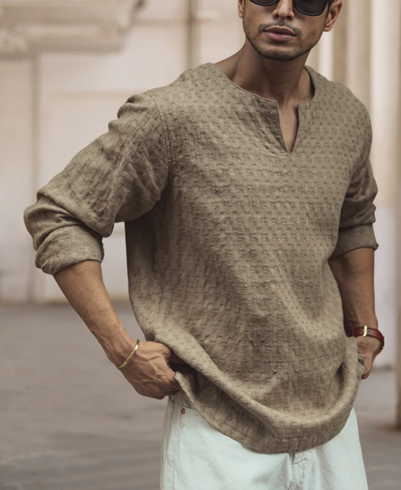 Beige Structured Regular Fit Full Sleeve Kurta Style Shirt - Image 3