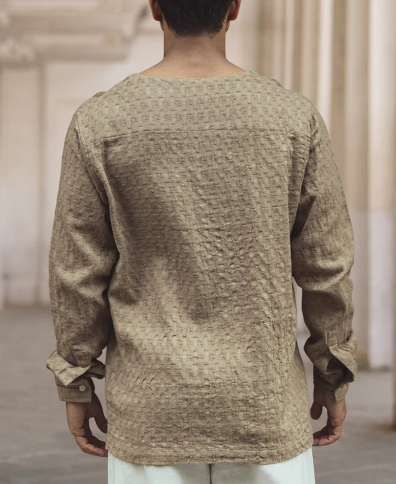 Beige Structured Regular Fit Full Sleeve Kurta Style Shirt - Image 4