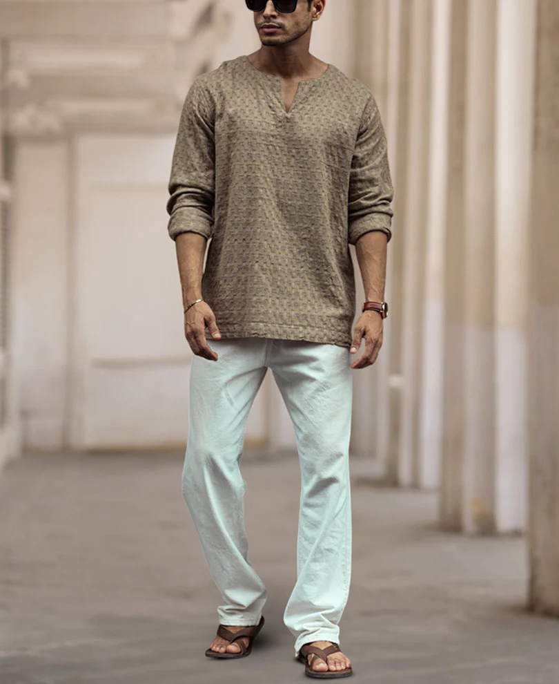 Beige Structured Regular Fit Full Sleeve Kurta Style Shirt - Image 6