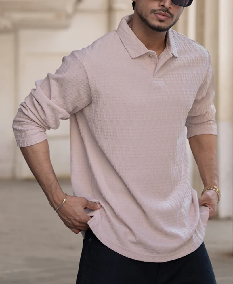 Beige Structured Regular Fit Full Sleeves Polo T-Shirt - Image 2
