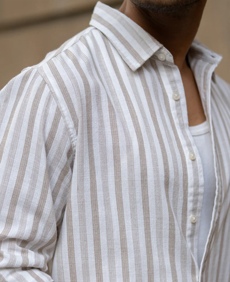 Beige Structured Stripes Shirt - Image 4