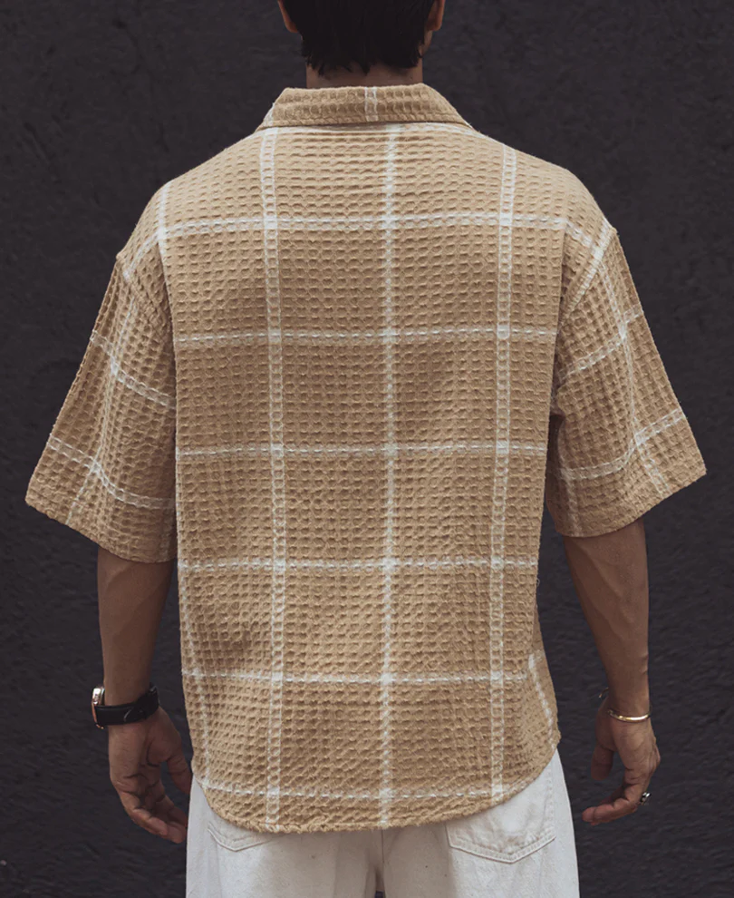 Beige Waffle Structured Checks Half Sleeves Shirt - Image 4