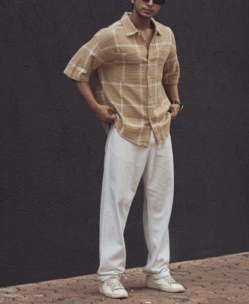 Beige Waffle Structured Checks Half Sleeves Shirt - Image 5
