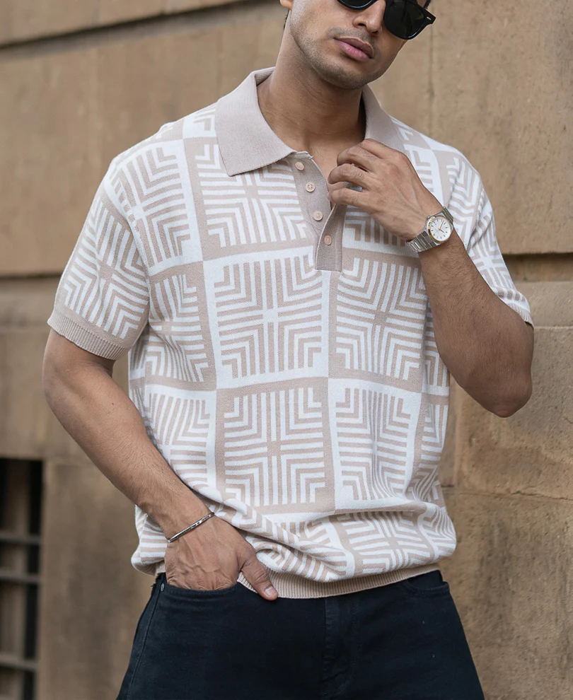 Beige Geometric Jacquard T-Shirt - Image 2