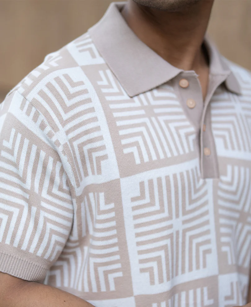 Beige Geometric Jacquard T-Shirt - Image 4