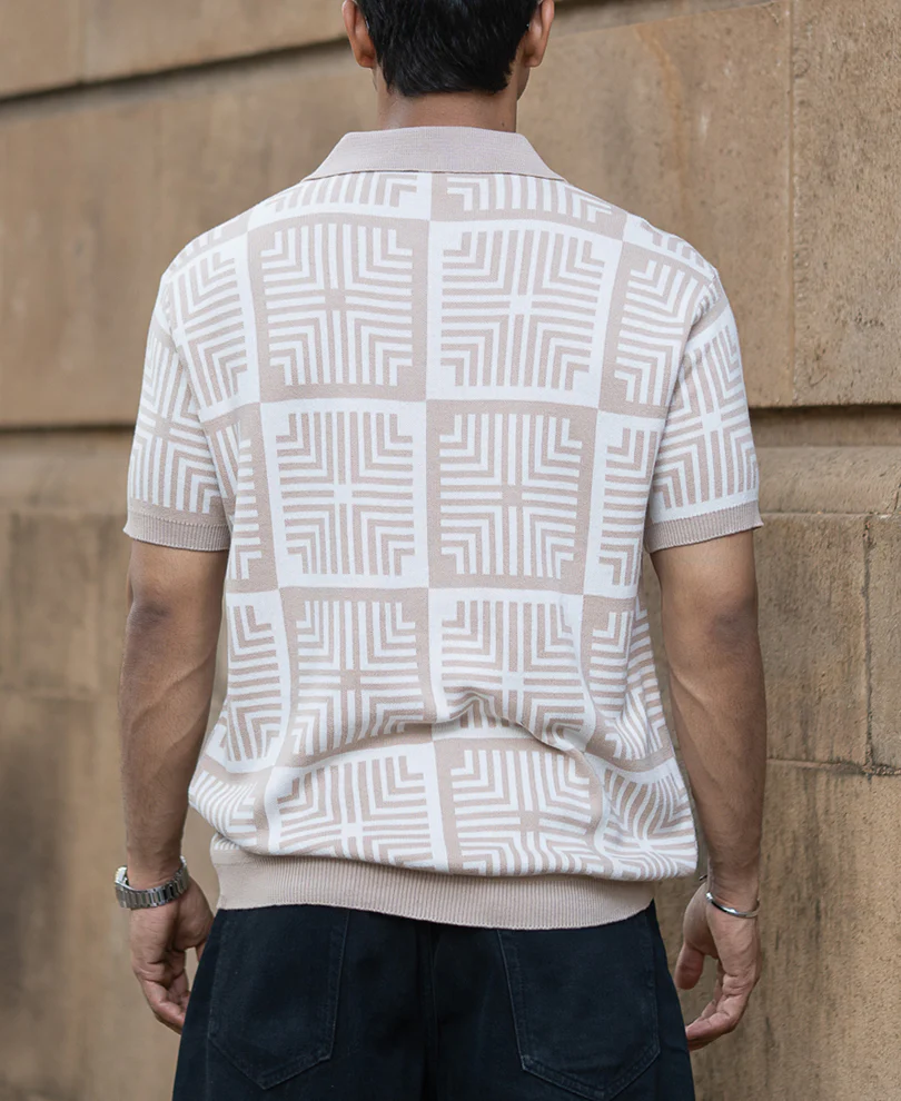 Beige Geometric Jacquard T-Shirt - Image 5
