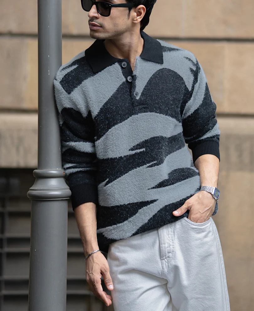 Black Abstract Jacquard Knit Polo Sweater - Image 3