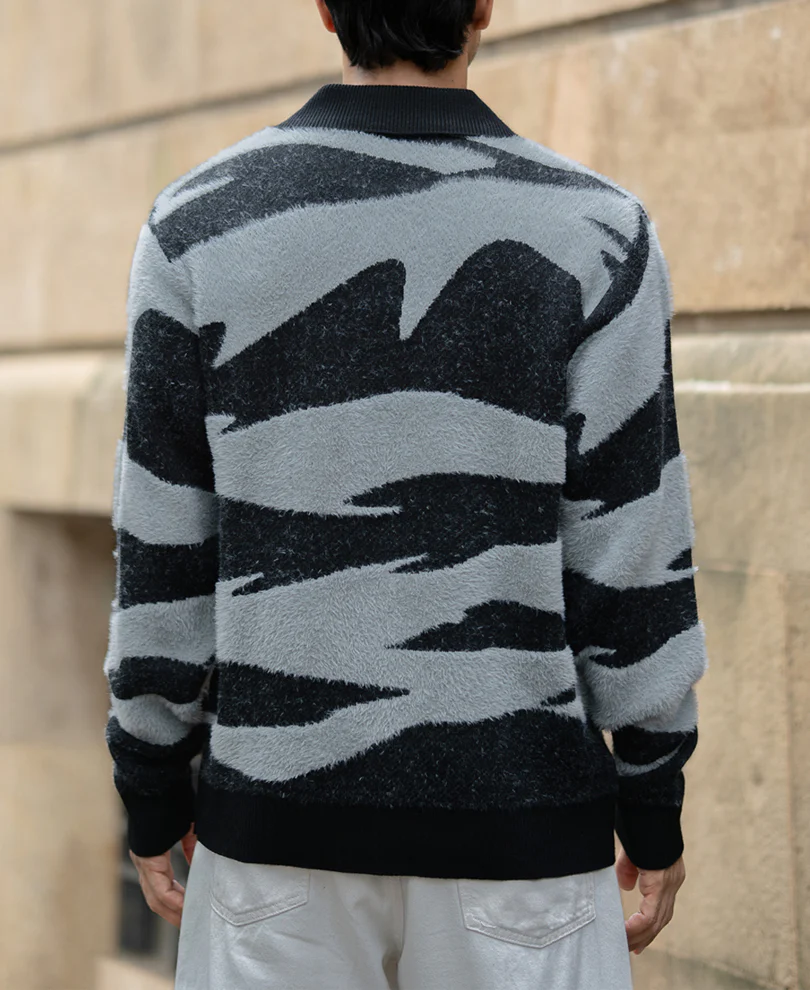 Black Abstract Jacquard Knit Polo Sweater - Image 5