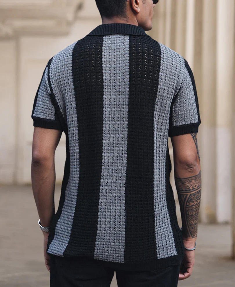 Black and Grey Crochet Striped Reglular Half Sleeves T Shirt - Image 3