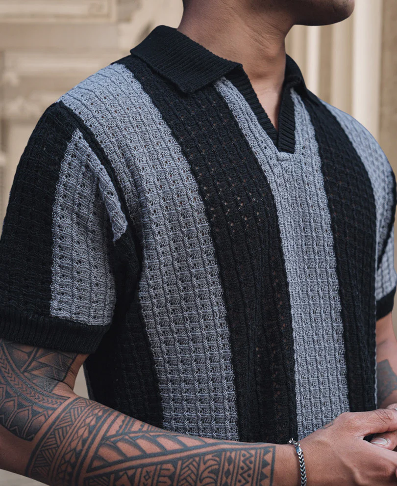 Black and Grey Crochet Striped Reglular Half Sleeves T Shirt - Image 4