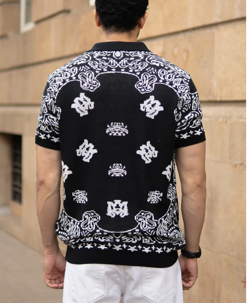 Black Bandana Knit Polo T-Shirt - Image 6