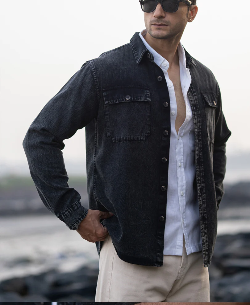 Black Charcoal Washed Denim Shirt - Image 2