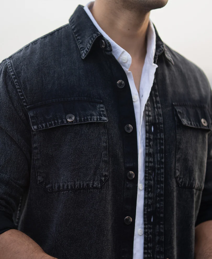 Black Charcoal Washed Denim Shirt - Image 4