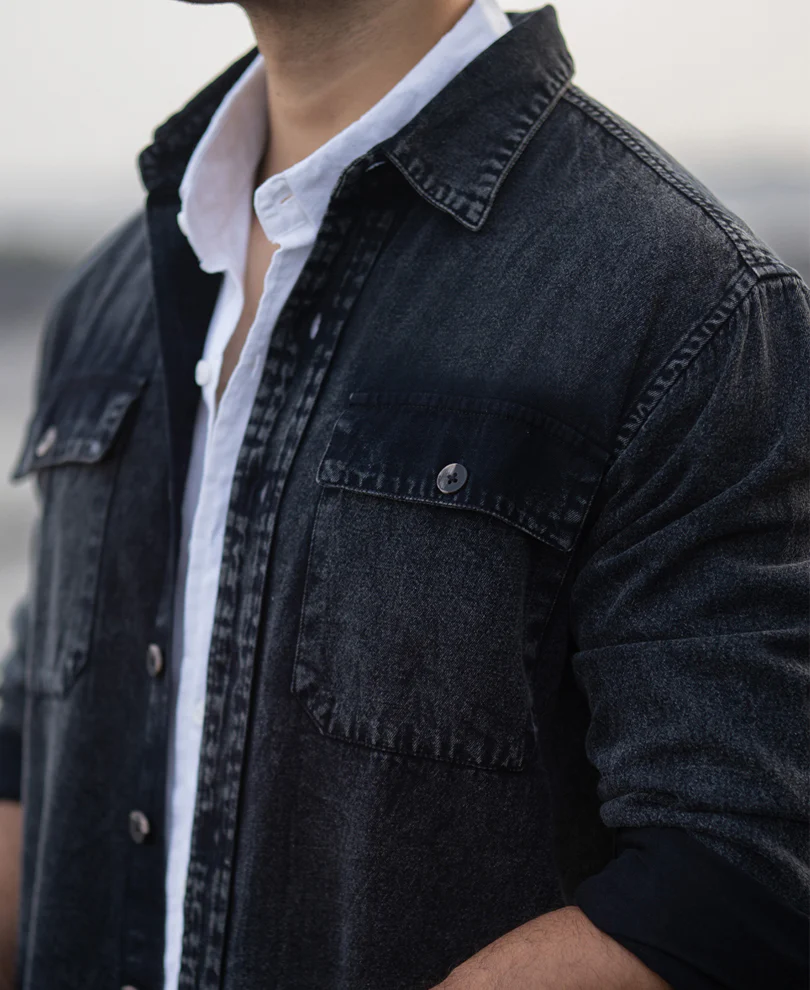 Black Charcoal Washed Denim Shirt - Image 5