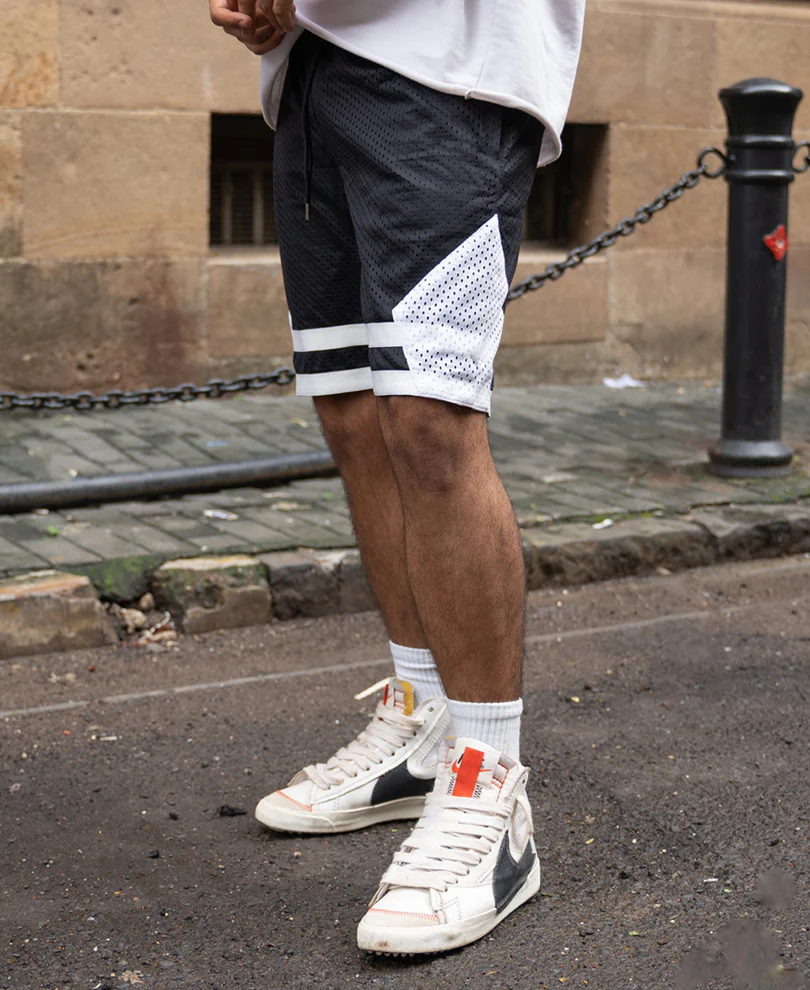 Black Contrast Embroidered Mesh Shorts - Image 3