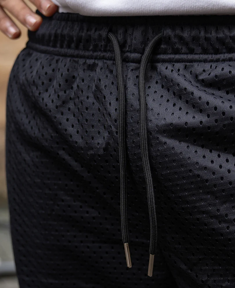 Black Contrast Embroidered Mesh Shorts - Image 5