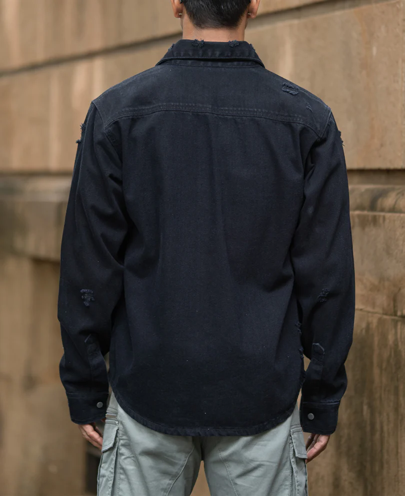 Black Distressed Denim Overshirt - Image 6