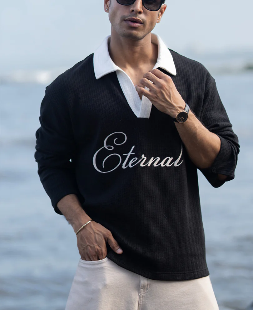 Black Embroidery Contrast T-Shirt - Image 2
