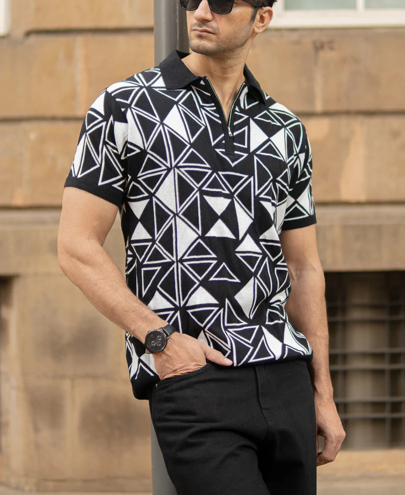 Black Geometric Knit Polo T-Shirt - Image 4