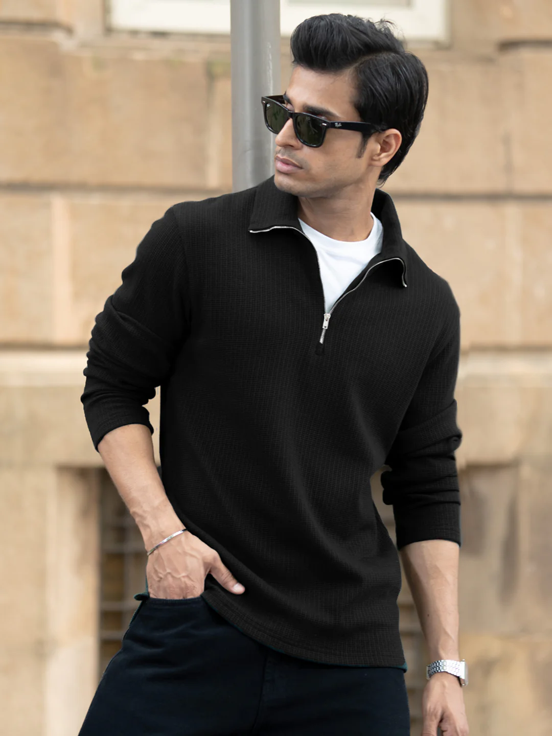 Black Knit Polo Zipper T-Shirt - Image 2