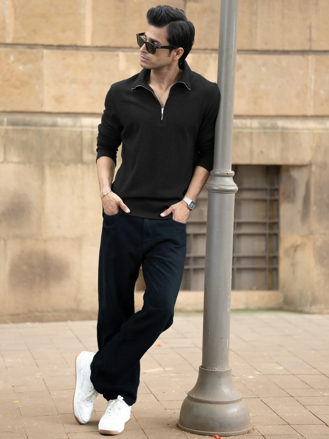 Black Knit Polo Zipper T-Shirt - Image 7