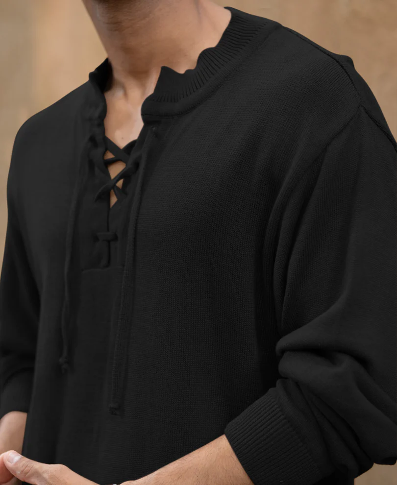Black Knitted Henley Full Sleeves T-Shirt - Image 3