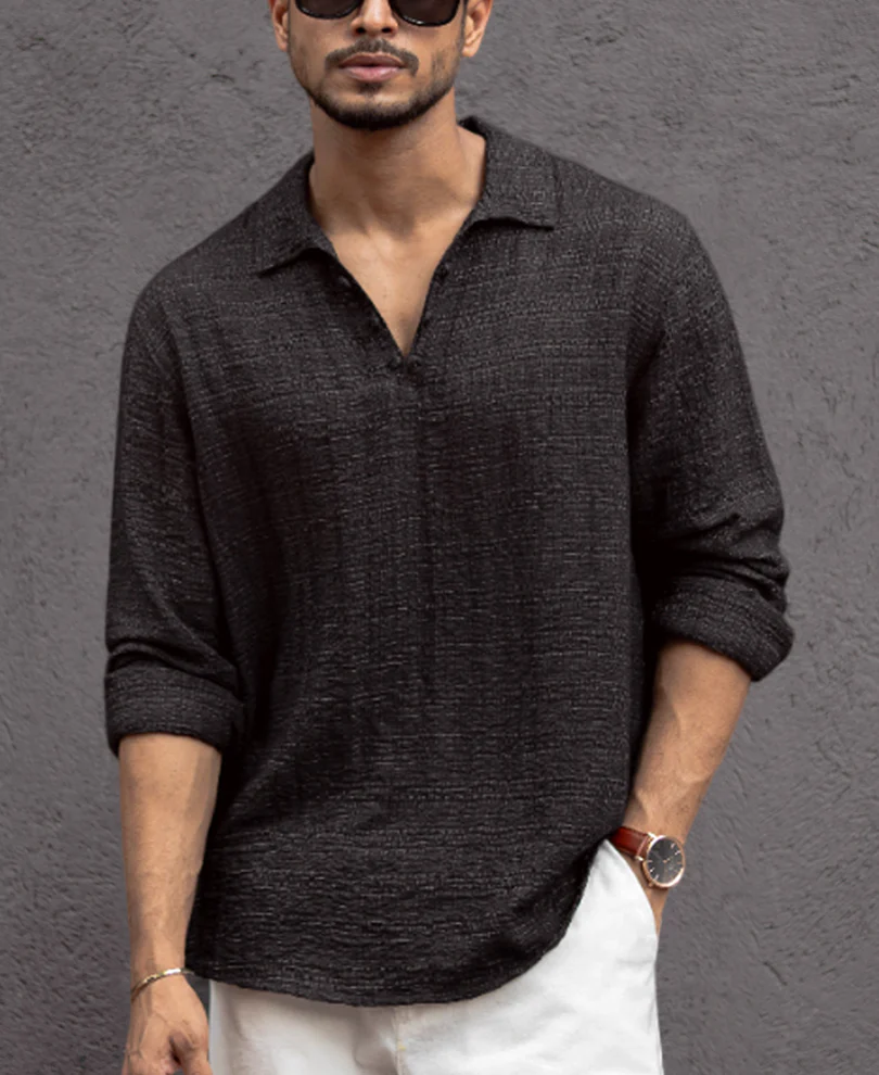 Black Kurta Style Regular Fit Full Sleeves Shirt - Image 2