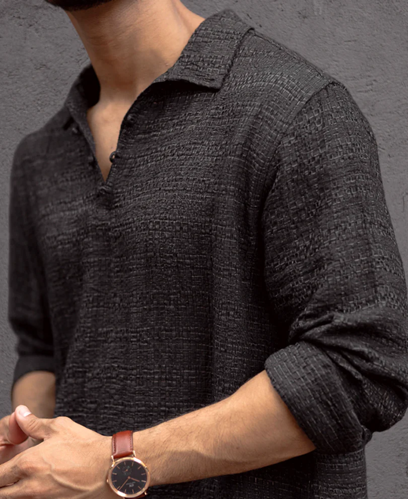 Black Kurta Style Regular Fit Full Sleeves Shirt - Image 5