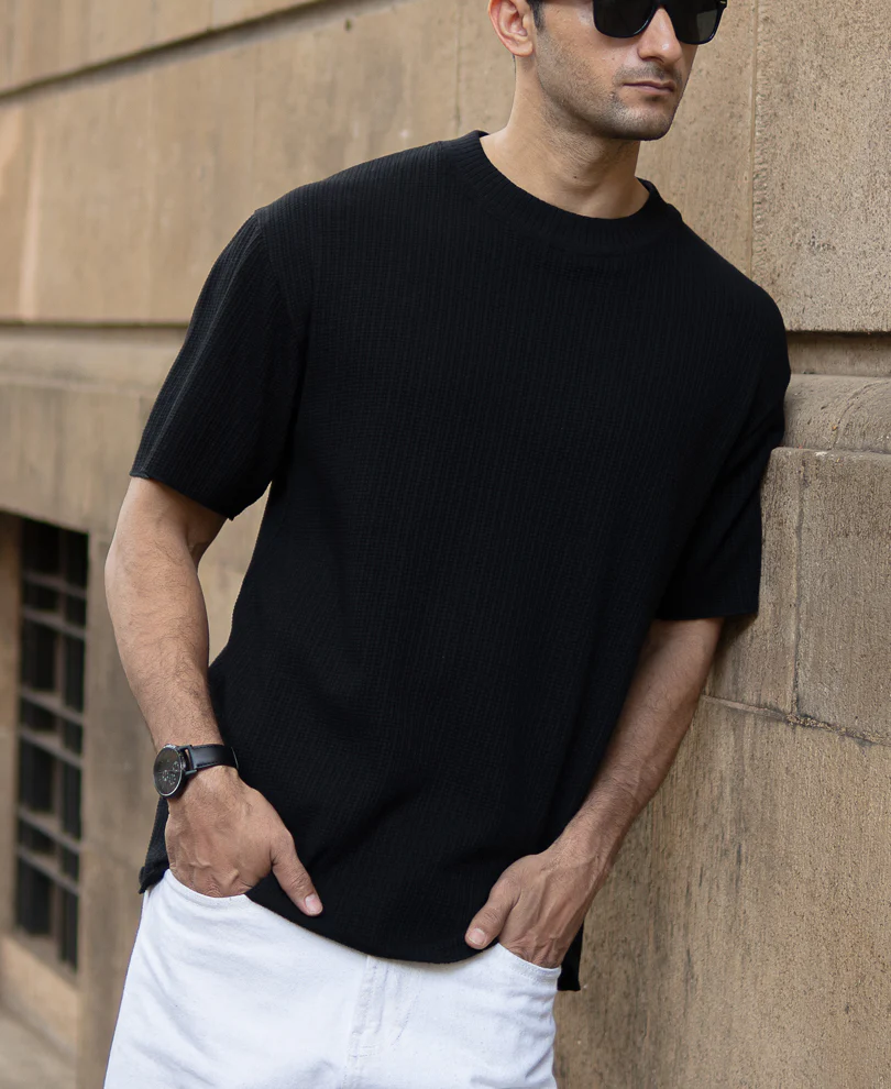 Black Oversized Structure Half Sleeves T-Shirt - Image 2