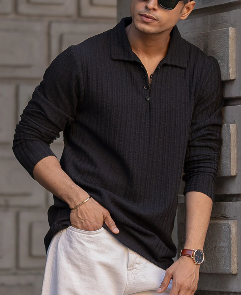 Black Self Stripe Polo T-Shirt - Image 2