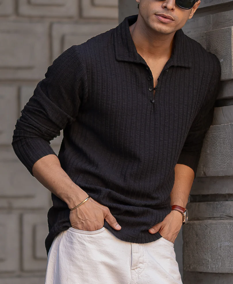 Black Self Stripe Polo T-Shirt - Image 3