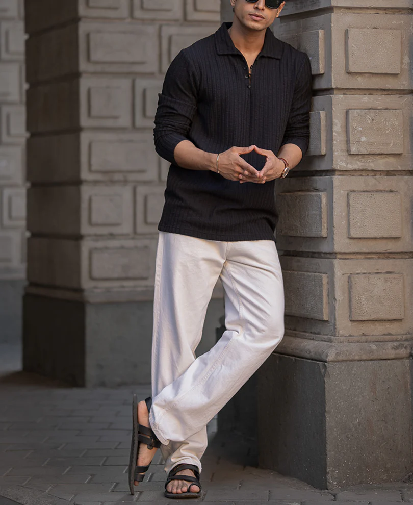 Black Self Stripe Polo T-Shirt - Image 6