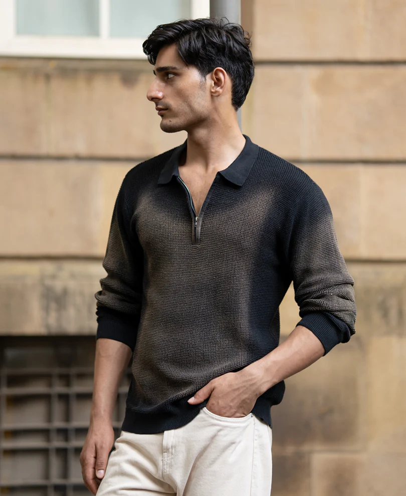 Black Sprayed Zipper Neck Sweater - Image 3