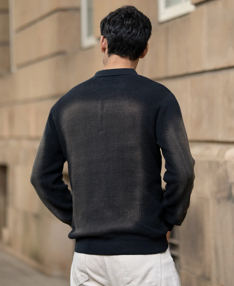 Black Sprayed Zipper Neck Sweater - Image 6