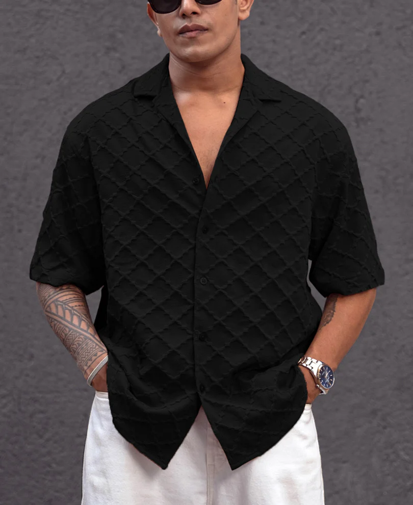 Black Structured Oversized fit Half Sleeves Shirt - Image 2