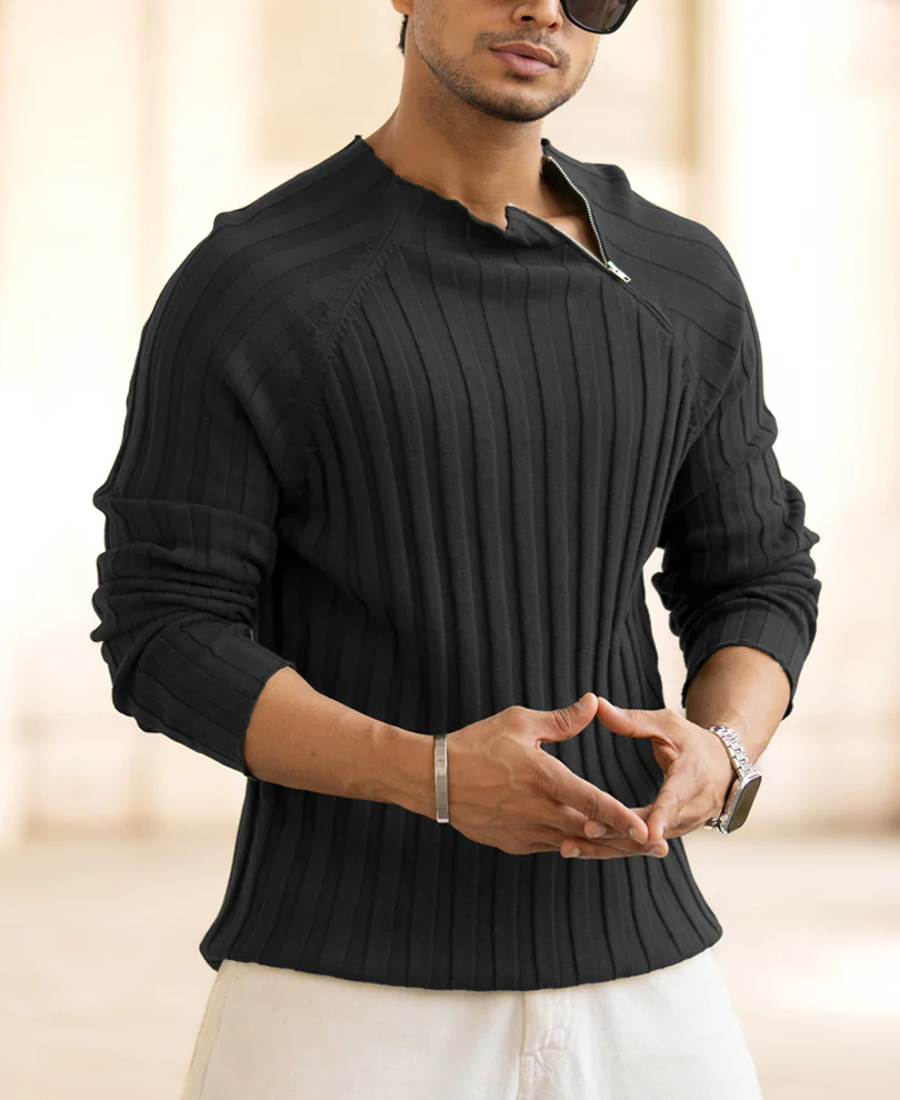 Black High Neck Ribbed T-Shirt - Image 2